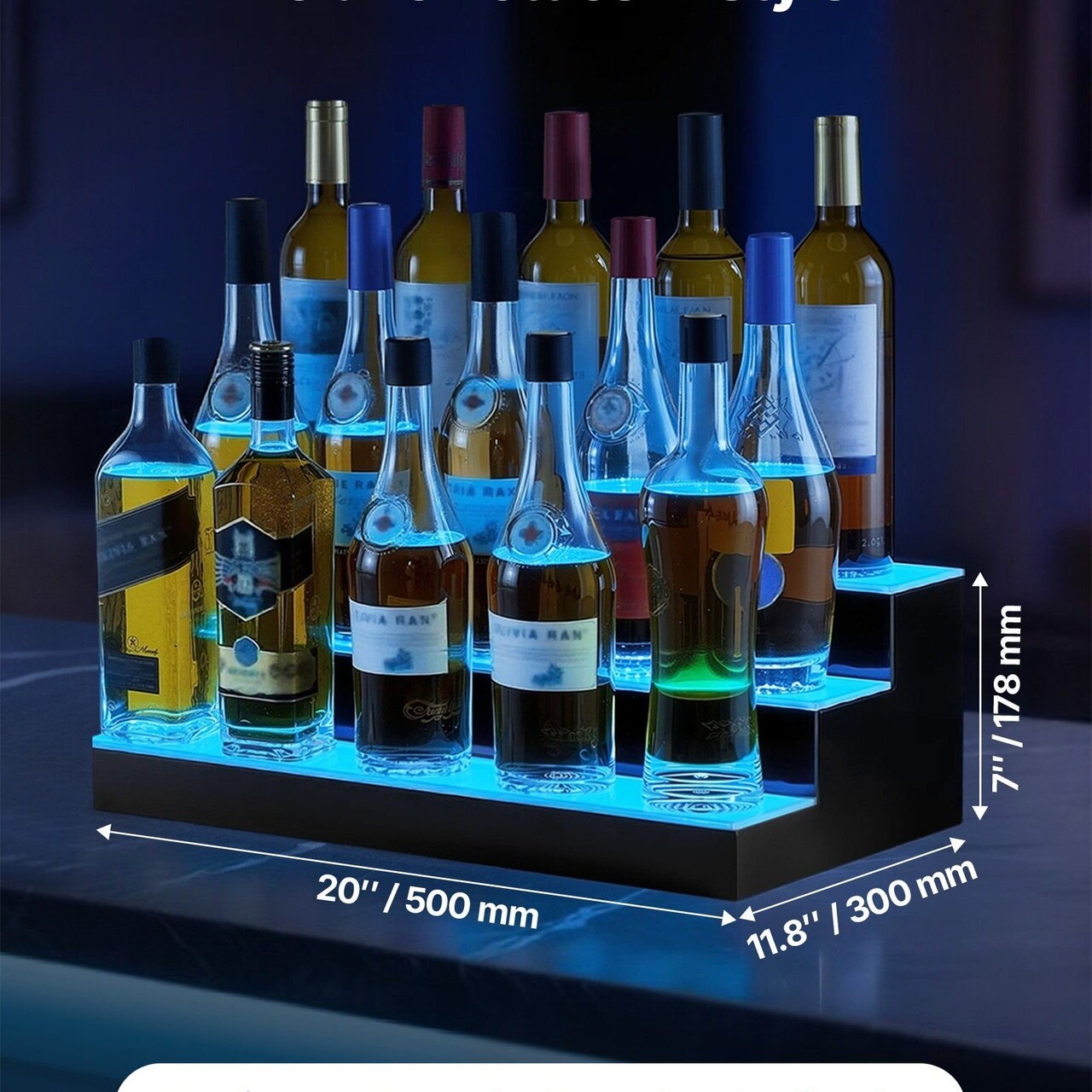 VEVOR-20"-Black-Illuminated 3-Tier Liquor Bottle Display with Remote Control-1 Piece